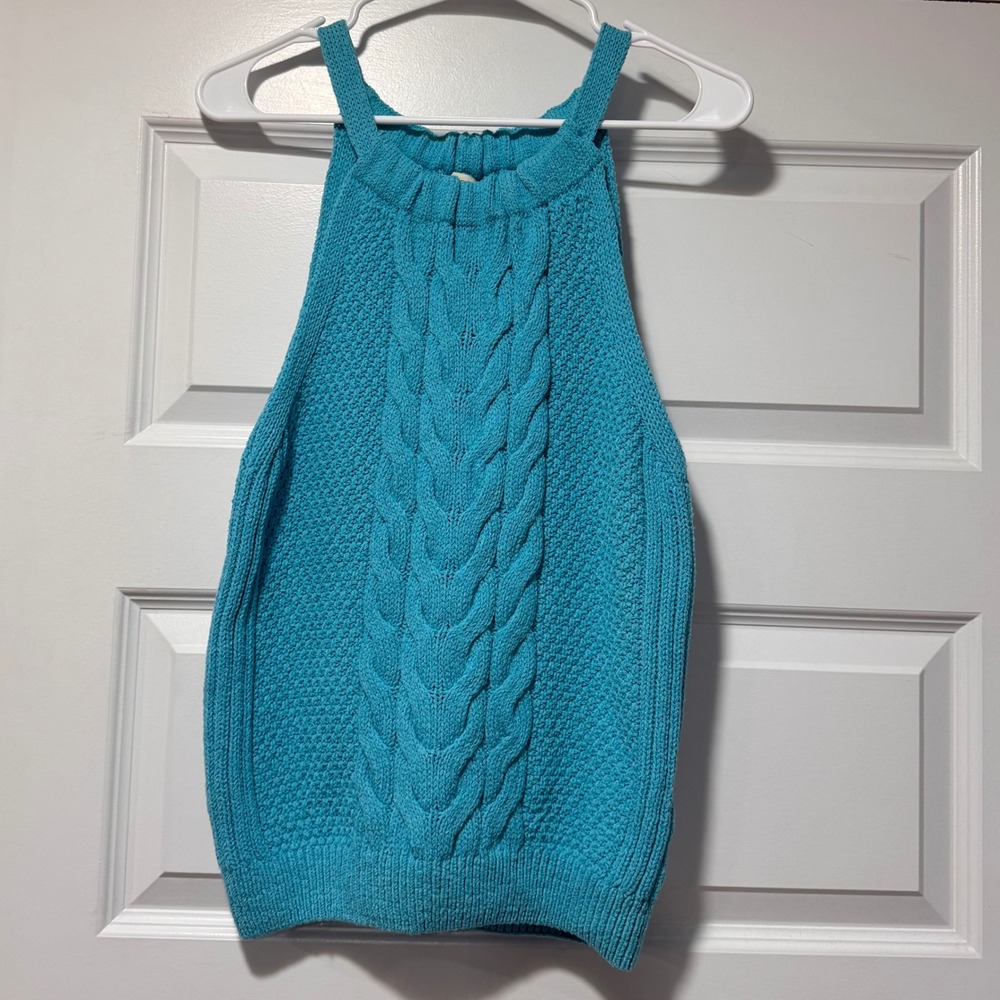 Pilcro Anthropologie Cable Knit Halter Sweater Tank Top Blue Turquoise Large - Picture 2 of 7